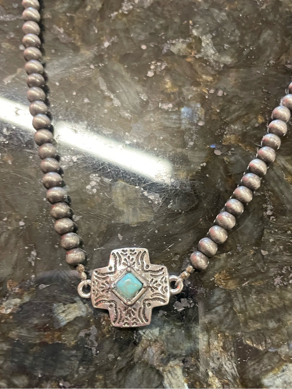 Turquoise Accent Silver Cross Bead Necklace - Women Jewelry
